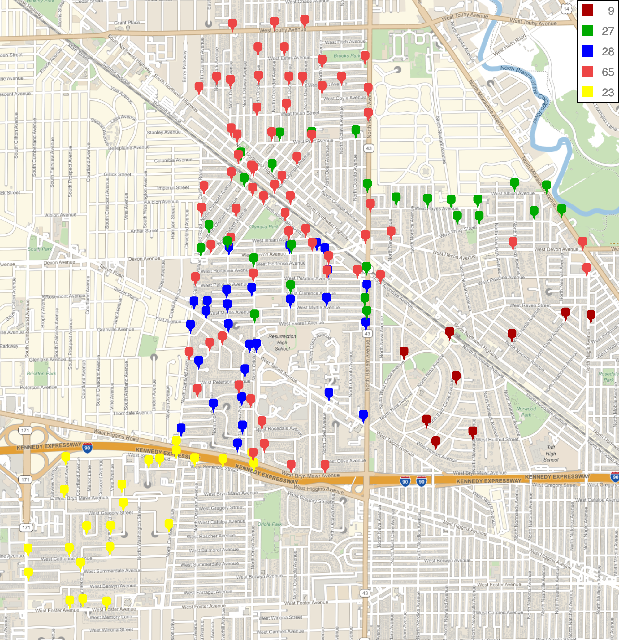 Street map showing locations of 152 sidewalk bears