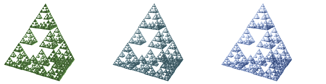 tetrahedral version of Cross Menger fractal, stages 3 through 5